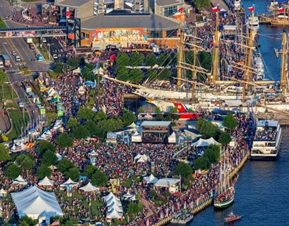 Aerial view of festival at downtown Norfolk waterfront